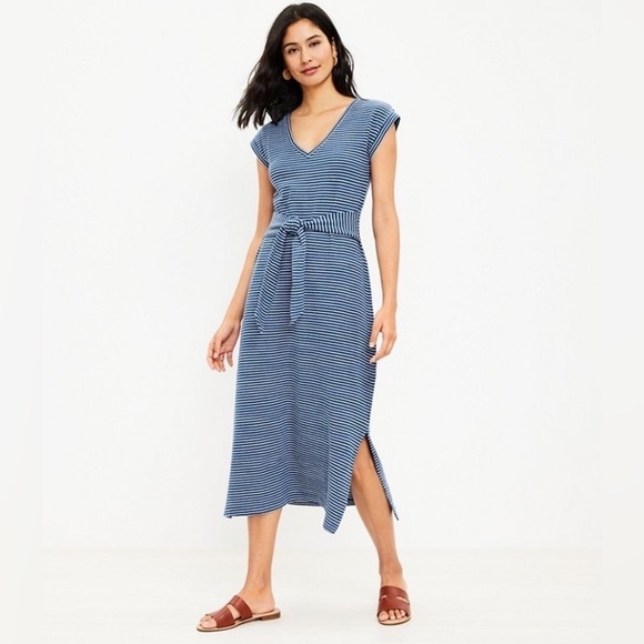 LOFT Dresses & Skirts - NWT Loft Striped Tie Waist V-Neck Midi Dress - 100% Cotton Blue Neutral